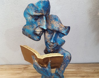 Book Reading Couple Mask Sculpture, 14.57 &#39;&#39; , Blue Decorative Gift, Book Gift, gifts for book lovers, Home Decoration, Desk Decor Figurine