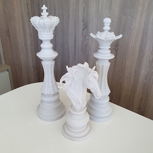 Chess Set Sculpture, Home Decor, Chess statue, White sculpture, Handmade chess set, Chess King-Queen- Horse Head Pieces, Mother&#39;s Day Gift