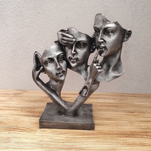 Não veja o mal, não ouça o mal, não fale o mal Escultura de máscara, 8,27 polegadas, estátua de busto, estátua de senhora, escultura personalizada, máscara preta, decoração de casa