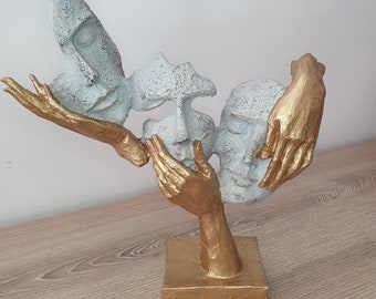 See no evil, Hear no evil, Speak no evil Mask Sculpture,3 Face Mask Statue, 11.41 Inch, Homedecor, Statue Bust, Handmade Bust, Gifts for her