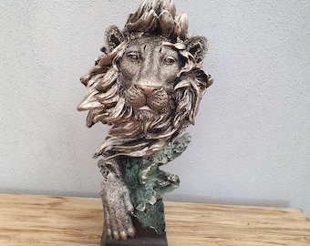 Lion Head Bust Statue, Handmade Animal Sculpture, Home Decor (14.57'')