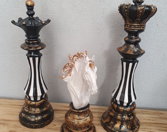 Chess Team Statues,3 Piece Chess Sculpture,Housewarming Gifts, Black Sculptures, Chess King-Queen- Horse Head Pieces, Mother&#39;s Day Gift