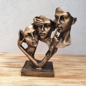 See no evil, Hear no evil, Speak no evil Mask Sculpture, 8.27 Inches, Bust Statue, Lady Statue, Custom Sculpture, Gold mask, Home Decor