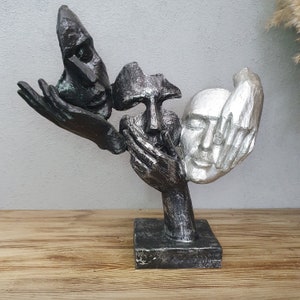 See no evil, Hear no evil, Speak no evil Mask Sculpture, Abstract 3  Face Mask Statue, 12.60 Inches, Homedecor, Handmade Bust, Black Statue