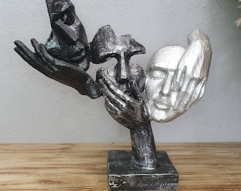 See no evil, Hear no evil, Speak no evil Mask Sculpture, Abstract 3  Face Mask Statue, 12.60 Inches, Homedecor, Handmade Bust, Black Statue
