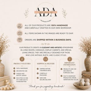 May include: An advertisement for ADA Handmade Design, featuring text about handmade products, decorative use, and artistic design. The image includes a logo, product features, shipping and delivery details, and important information about the products.