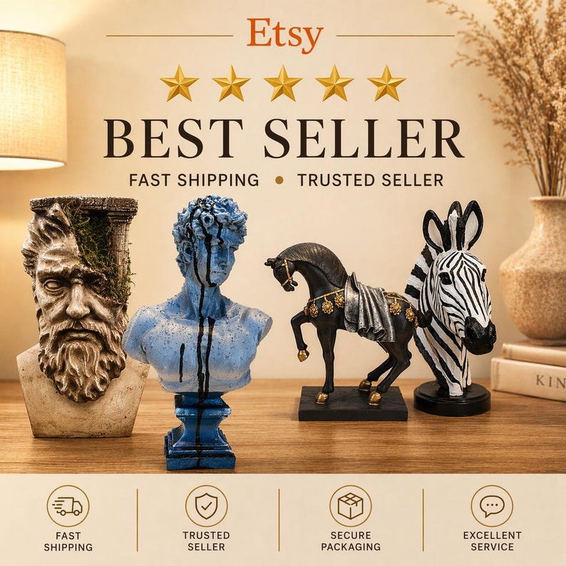 May include: A collection of decorative sculptures, including a bust of a bearded man, a blue statue, a black horse figurine, and a zebra head. The image includes the text "Etsy" and "BEST SELLER".