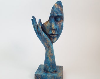 Single Face Mask, Bust Sculpture, 9.45 Inches, Homedecor, Blue Statues, Handmade gift, Gift, Trendy Handmade Ancient Statue for Modern Home
