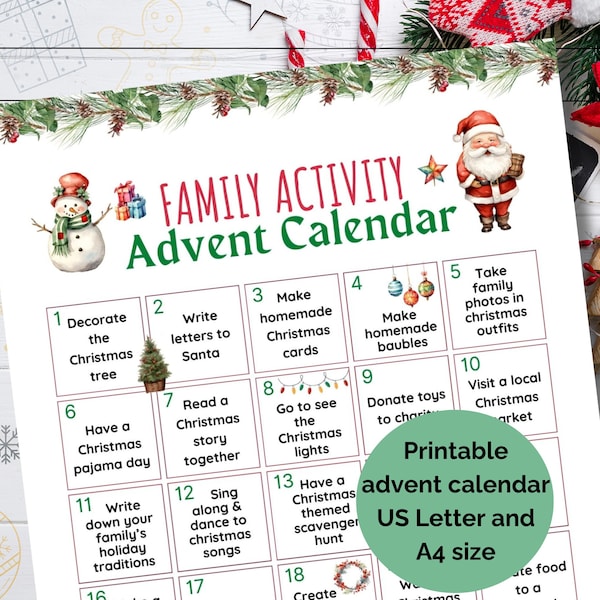 Printable family activity advent calendar, Christmas countdown, Advent calendar for kids, Family christmas activities ideas, Printable PDF