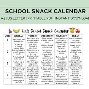 Printable school snacks calendar, Healthy school snacks, Snacks for homeschool, Snack meal planner, Kids snack planner