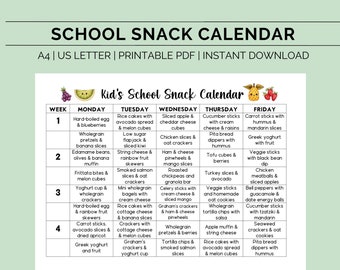 Può includere: Un calendario di spuntini scolastici stampabile con un design colorato. Il calendario elenca idee di spuntini sani per ogni giorno della settimana, tra cui frutta, verdura, latticini e cereali. Il calendario è intitolato "Calendario degli spuntini scolastici per bambini".