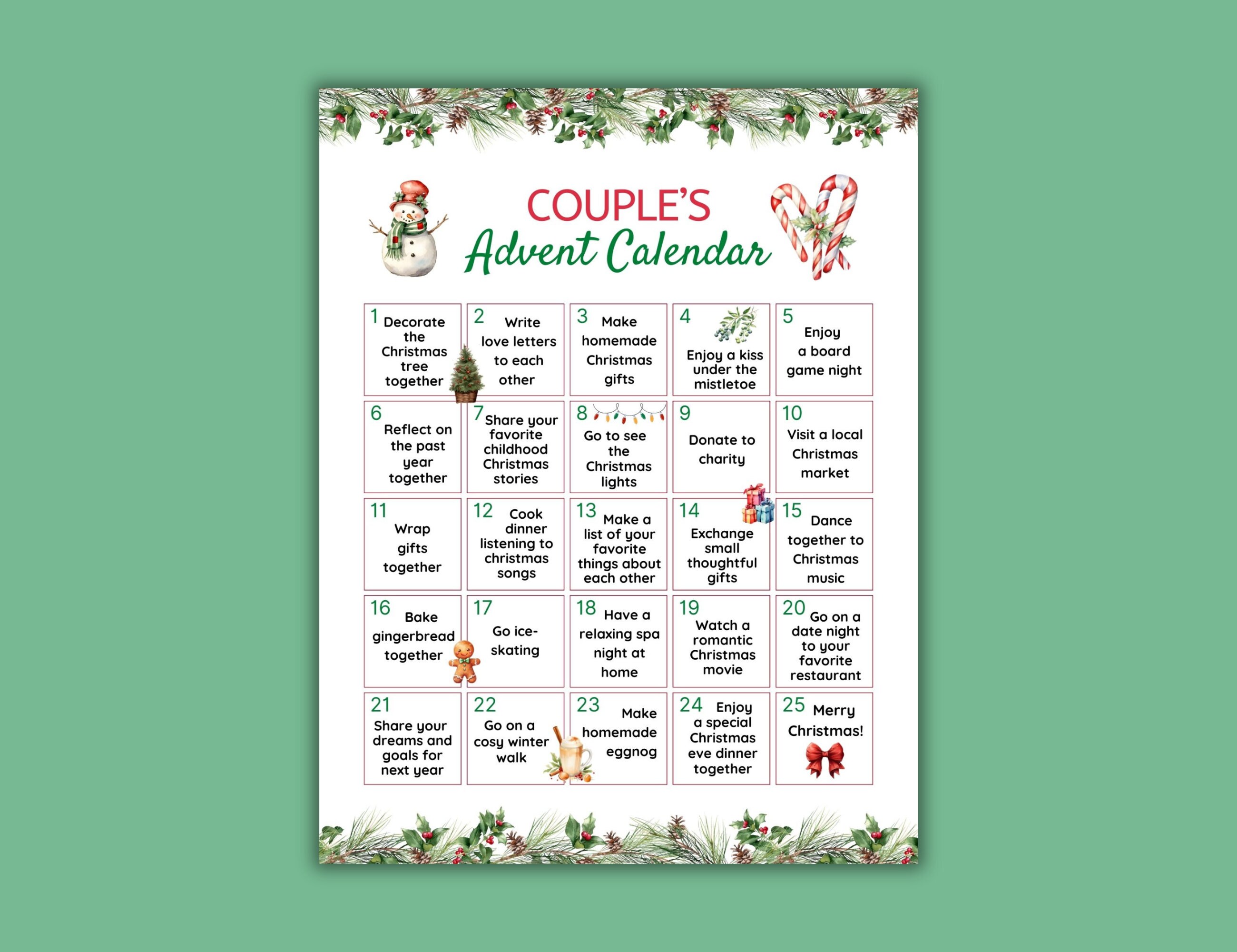 Printable Couple's Advent Calendar, Couple's Christmas Activities