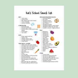 May include: A printable list of healthy snack ideas for kids to take to school. The list is organized by food category, including meat, dairy, vegetables, fruit, and grain.  The list includes a variety of options, such as turkey slices, yogurt cups, celery sticks with cream cheese, blueberries, and whole grain crackers.