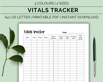 May include: Printable vital signs tracker with columns for date, time, temperature, pulse, blood pressure, blood sugar, respiration rate, oxygen saturation, and pain score (0-10).