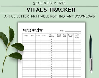 Printable vital sign chart, Vital sign log, Caregiver tracker, Intake chart, Daily vitals chart, Nursing vitals sheet, Nursing notes, PDF