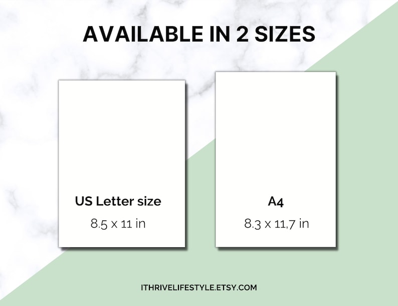 Może przedstawiać: Dwa białe prostokąty z czarnym tekstem na marmurowym tle. Tekst brzmi "AVAILABLE IN 2 SIZES". Pierwszy prostokąt zawiera napis "US Letter size 8.5 x 11 in". Drugi prostokąt zawiera napis "A4 8.3 x 11.7 in".