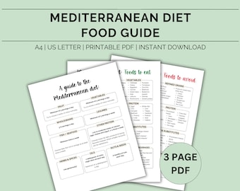 May include: A printable guide to the Mediterranean diet, with a list of foods to eat and foods to avoid. The guide is divided into categories such as fruits, vegetables, whole grains, legumes, protein, fish, seafood, other protein, nuts and seeds, oils, herbs and spices, and beverages. The guide is 3 pages long and is available as a PDF download.