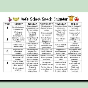 May include: A colorful chart with a kid's school snack calendar for each day of the week. The chart lists different healthy snacks for each day, including fruits, vegetables, yogurt, crackers, and more.