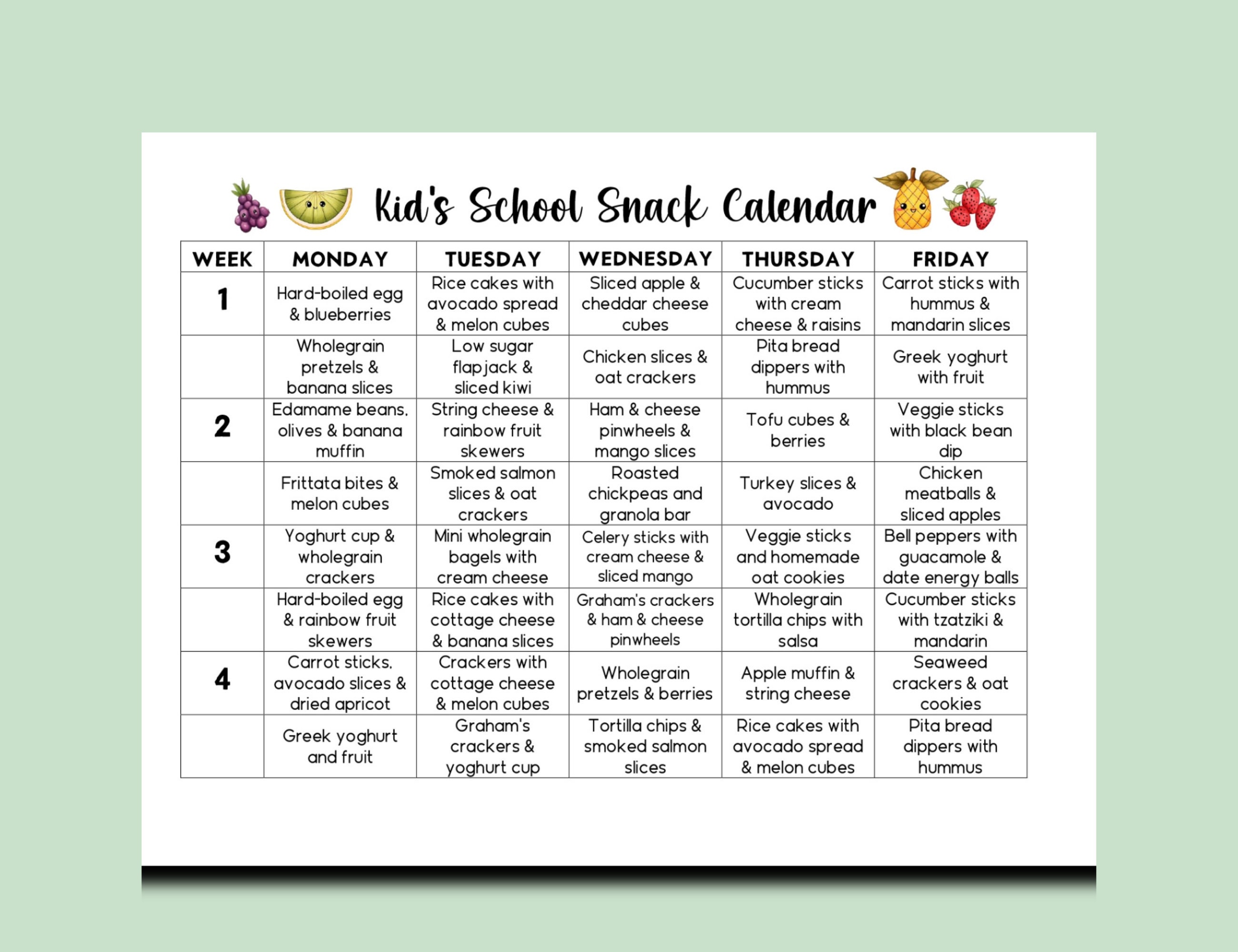 Printable School Snacks Calendar, Healthy School Snacks, Snacks for