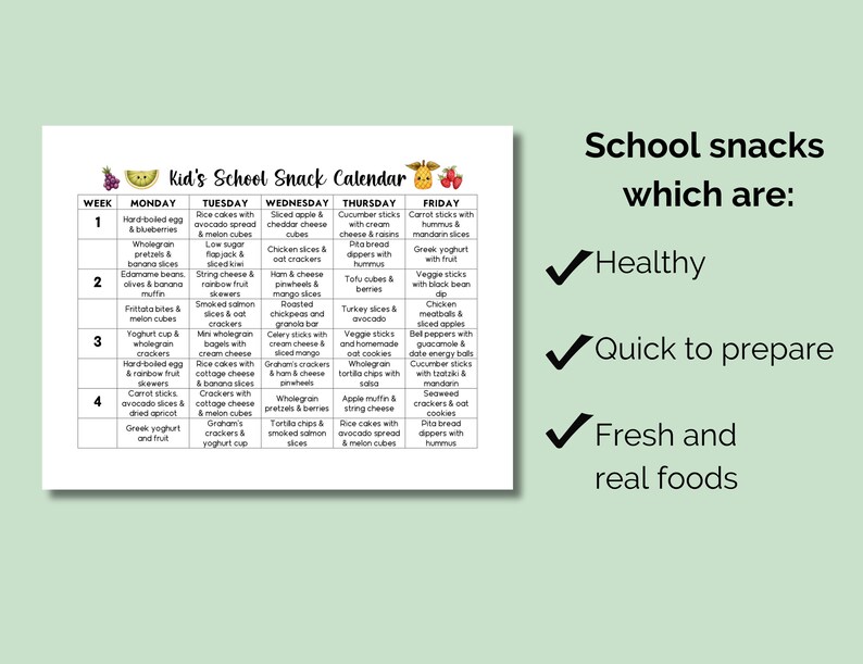 Printable School Snacks Calendar, Healthy School Snacks, Snacks for