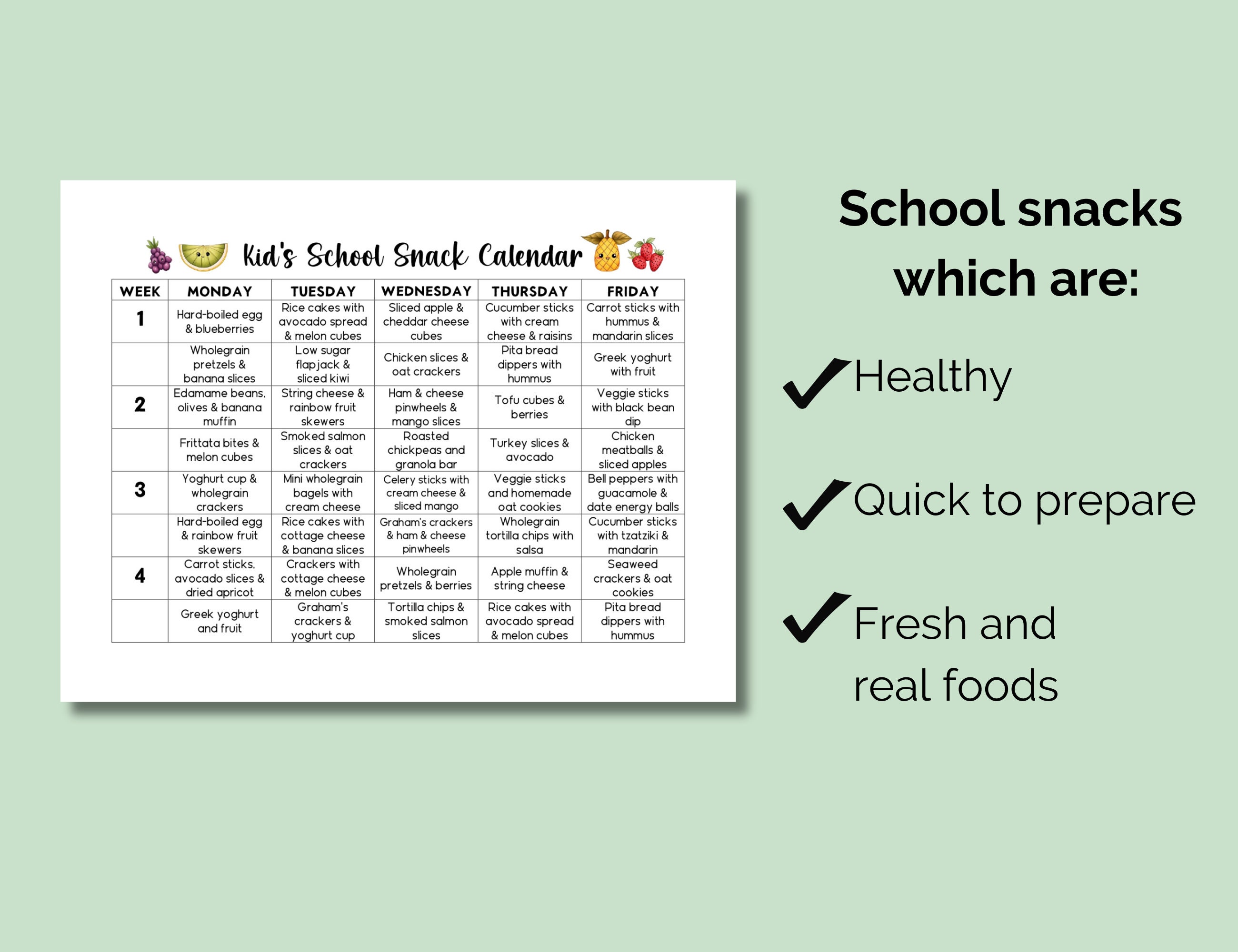 Printable School Snacks Calendar, Healthy School Snacks, Snacks for