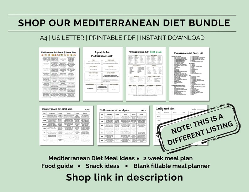 Puede incluir: Un paquete de PDF imprimibles para la dieta mediterr&aacute;nea. Incluye una gu&iacute;a de alimentos, ideas de aperitivos, un plan de comidas de 2 semanas y un planificador de comidas en blanco rellenable. El texto "NOTE: THIS IS A DIFFERENT LISTING" est&aacute; en un sello negro en la esquina inferior derecha de la imagen.