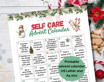Könnte beinhalten: Ein druckbarer Adventskalender für Selbstfürsorge mit einem weihnachtlichen Thema. Der Kalender bietet tägliche Aktivitäten wie tiefes Atmen, einen Weihnachtsfilm schauen, sich mit einem Dessert verwöhnen und einen netten Brief an das zukünftige Ich schreiben. Der Kalender ist in den Formaten US Letter und A4 erhältlich.