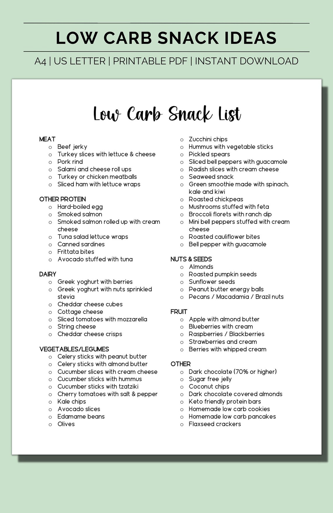 Low Carb Snack List Low Carb Food List Snacks for Diabetes Etsy Canada