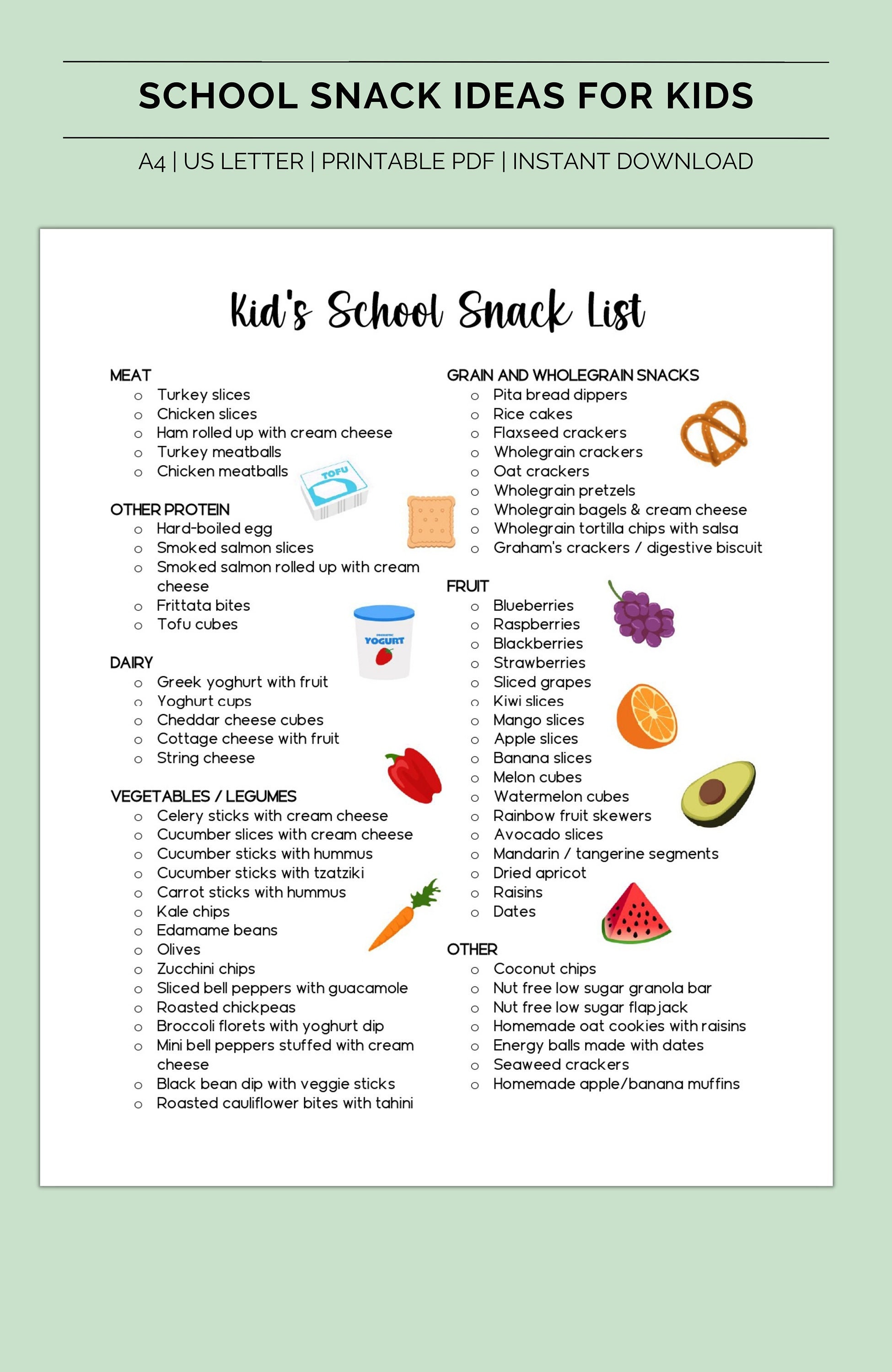 Printable Healthy School Snack List, Kid's School Snack Ideas, Home ...