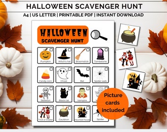 Halloween scavenger hunt for kids, Printable kids game, Kids halloween activity, Indoor treasure hunt, Pumpkin party