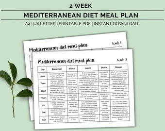 May include: A printable two-week Mediterranean diet meal plan with a daily breakdown of breakfast, snack, lunch, and dinner. The meal plan includes a variety of healthy and delicious recipes.