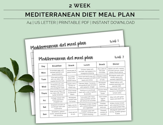 Printable Mediterranean diet meal plan, Heart healthy diet, Weight loss meal plan, Food lists, 2 week meal plan, Instant download PDF