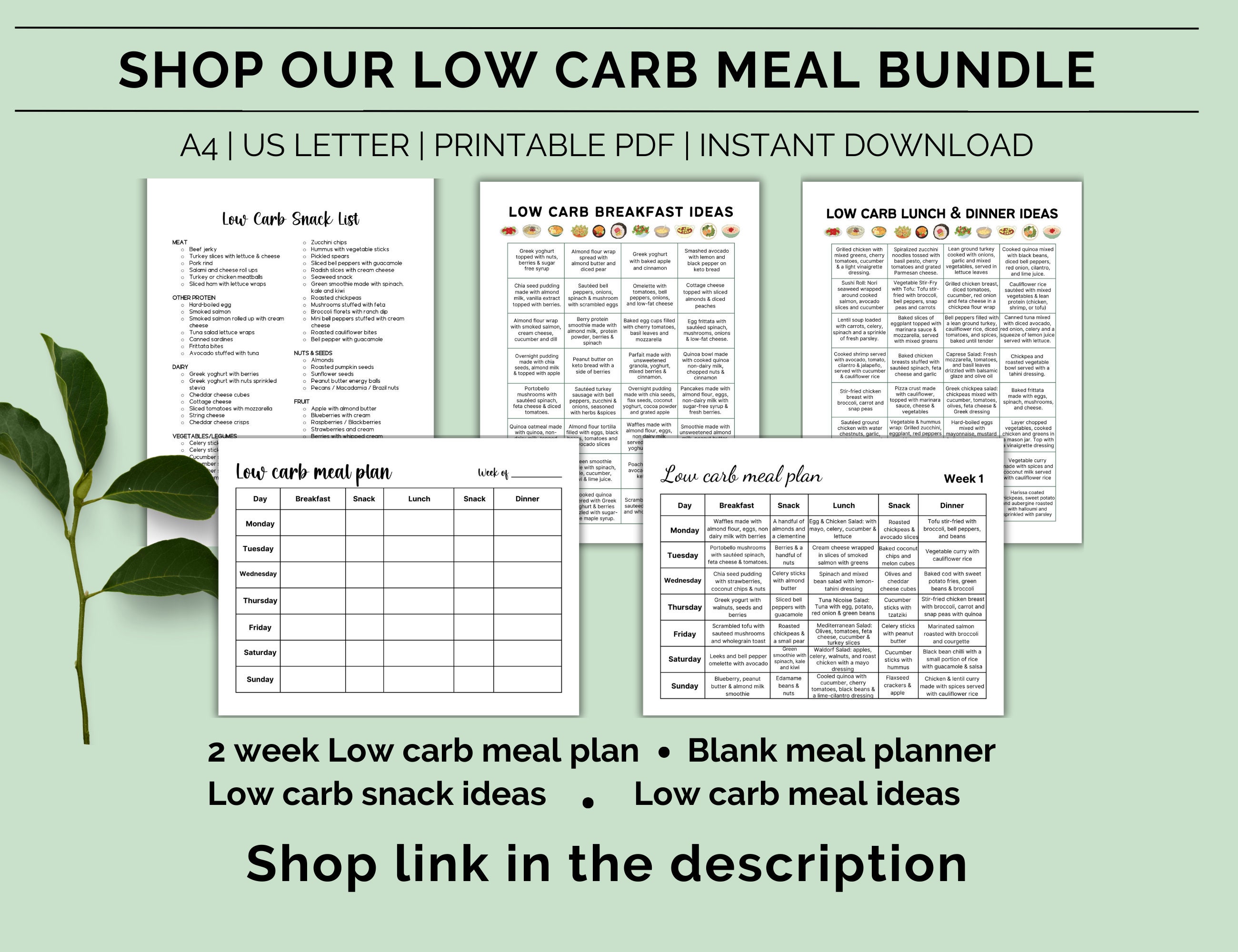 Printable 2 Week Low Carb Meal Plan, Low Carb Diet Plan, Diabetic Meal