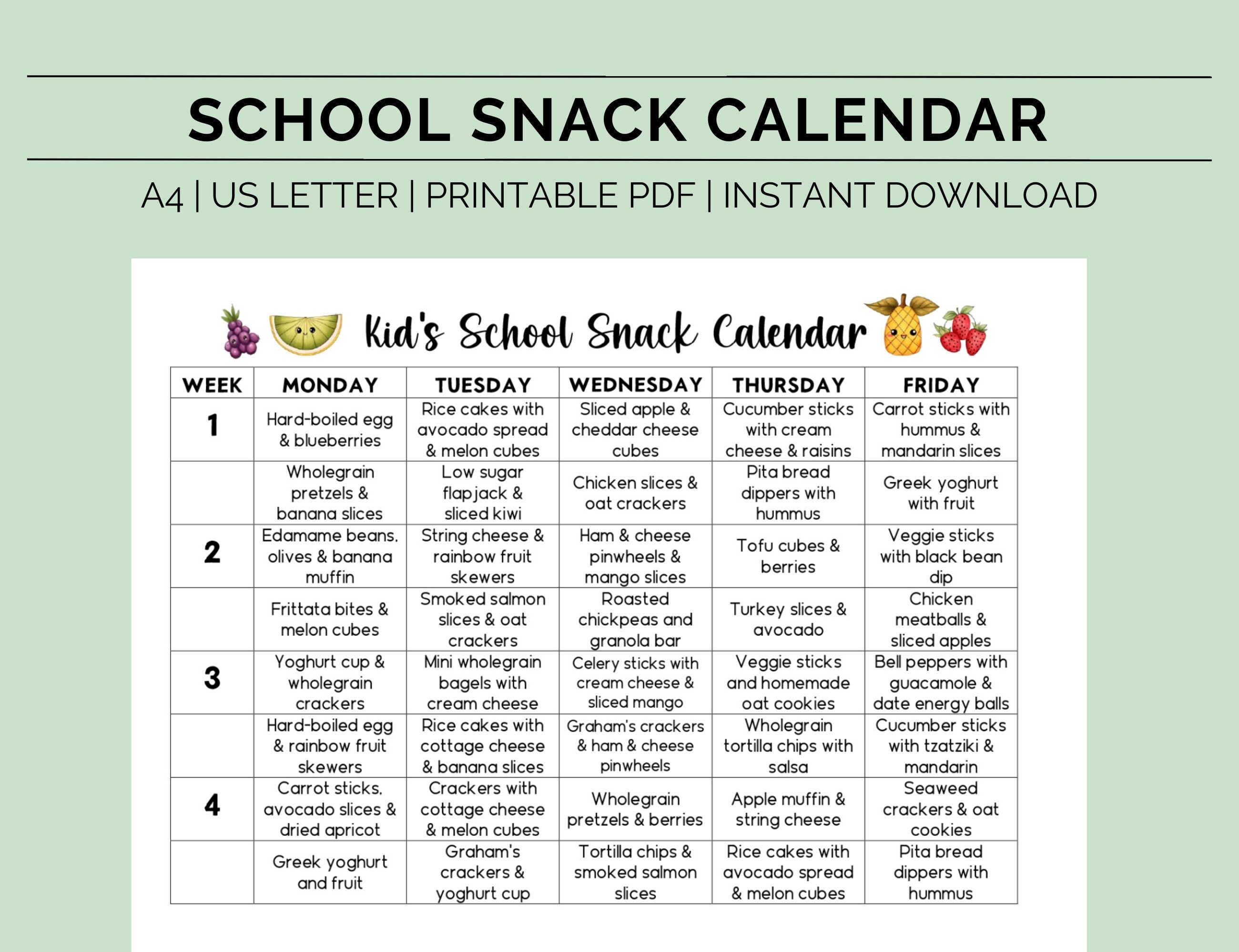 Printable School Snacks Calendar, Healthy School Snacks, Snacks for Printable School Snacks Calendar, Healthy School Snacks, Snacks for