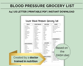 Puede incluir: Una lista de la compra imprimible para bajar la presión arterial, basada en la dieta DASH. La lista está dividida en categorías: frutas, verduras, proteínas, lácteos, cereales integrales, legumbres, condimentos y hierbas y especias. La lista está creada por un médico formado en nutrición.
