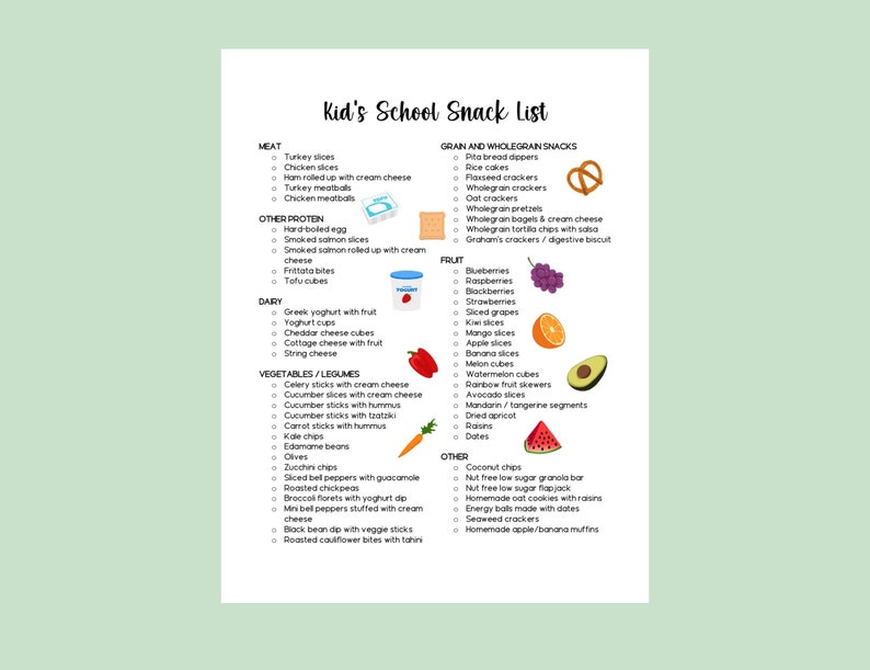 May include: A colorful printable list of healthy snack ideas for kids to take to school. The list is divided into categories: Meat, Other Protein, Dairy, Vegetables/Legumes, Grain and Wholegrain Snacks, Fruit, and Other. Each category has a list of snack ideas with small illustrations of the food items.