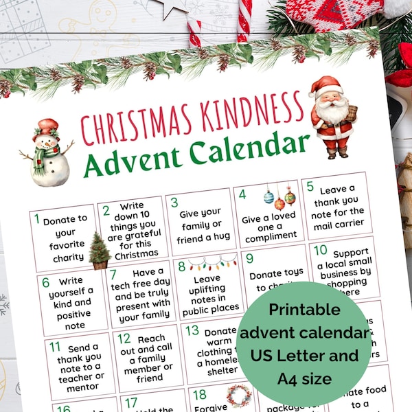 Printable Christmas Kindness Challenge, Kindness advent calendar, Kids christmas activities PDF, 30 day kindness challenge, Holiday activity