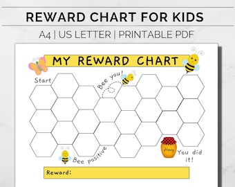 May include: A printable reward chart for kids featuring a honeycomb design with a bee theme. The chart includes a start space, a finish space with a honey pot, and spaces for kids to color in as they complete tasks. The text "My Reward Chart" is at the top of the chart.