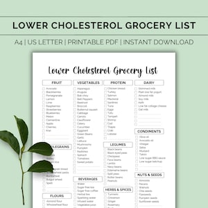 Cholesterol lowering grocery list, Lower cholesterol food list,Low cholesterol chart,Cholesterol meal planner,HDL & LDL,Digital download PDF