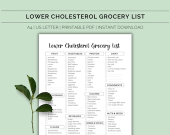Cholesterolverlagende boodschappenlijst, Voedsellijst met lager cholesterol, Grafiek met laag cholesterol, Cholesterol maaltijdplanner, HDL & LDL, Digitale download PDF