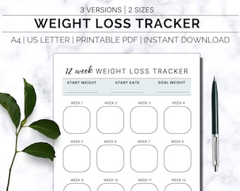 May include: Printable 12-week weight loss tracker with spaces to record starting weight, goal weight, and start date. The tracker has 12 sections for each week, with a blank space to record progress.