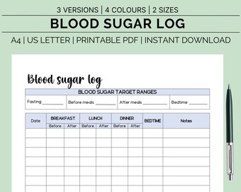 Registro de azúcar en sangre imprimible, rastreador de glucosa en sangre, planificador para diabéticos, diabetes imprimible, PDF, registro de azúcar en sangre mensual semanal