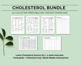 Paquete IMPRIMIBLE para reducir el colesterol, Guía de alimentos para el colesterol alto, Plan de dieta para reducir el colesterol, Tabla de alimentos, Plan de comidas, Descarga instantánea en pdf