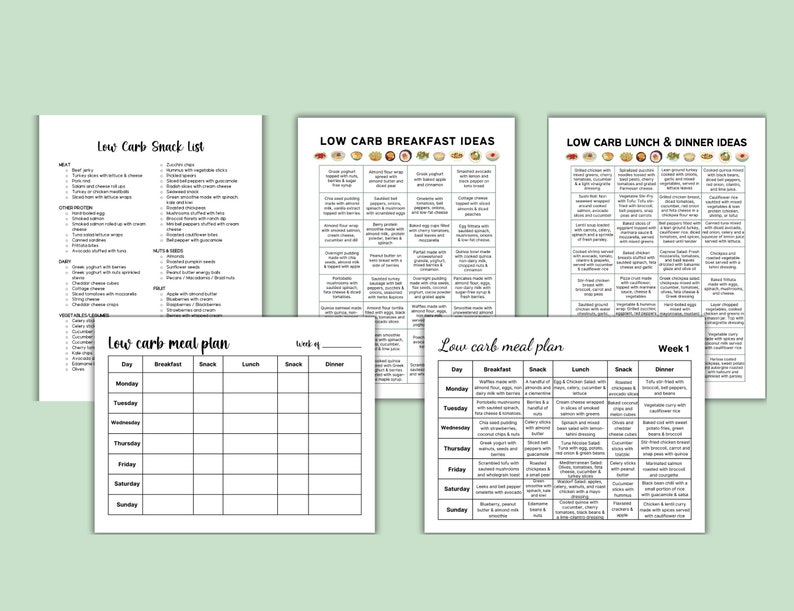 Printable Low Carb Food List, Meals for Diabetes, Low Carb Meal Planner