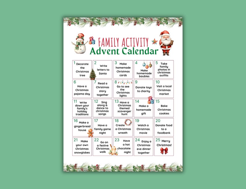 Printable Family Activity Advent Calendar, Christmas Countdown, Advent