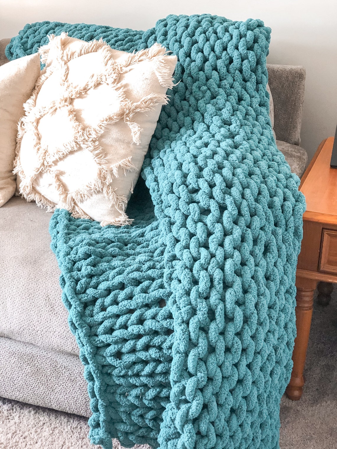 Handmade Chunky Knit Blanket Soft Chenille Throw Teal Knit Etsy