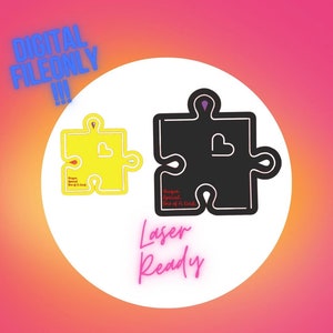 May include: Two black and yellow puzzle pieces with the text "Unique Special One of a Kind" and "Laser Ready" in pink neon lettering.
