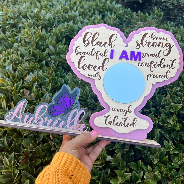 Black Girl Magic Affirmation Mirror with Afro Puffs, Custom Name, and Buterfly-DIGITAL SVG File Only-Curvy Creationz