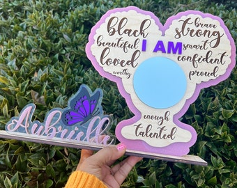 Black Girl Magic Affirmation Mirror with Afro Puffs, Custom Name, and Buterfly-DIGITAL SVG File Only-Curvy Creationz