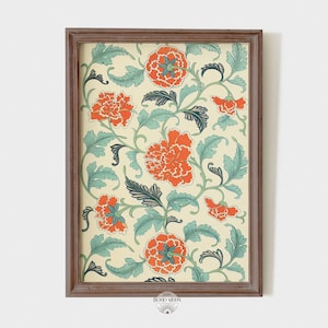 Printable Vintage ornamental flower painting, boho floral wall art, orange and teal William Morris print, Instant Download #VT014
